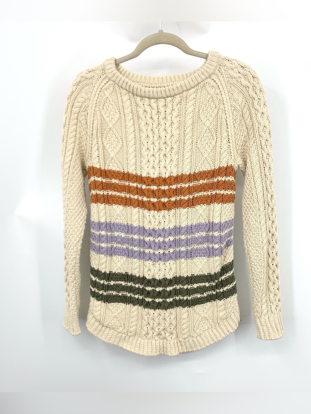 LL Bean Signature Women Size XS Sweater Beige Stripe Cotton Fisherman Knit Top